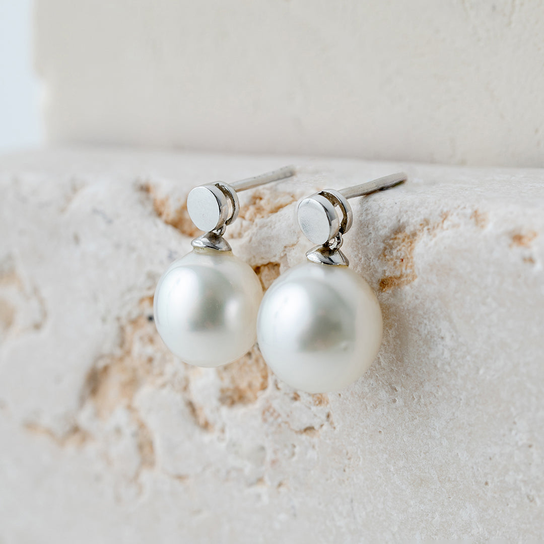 Silver Disc South Sea Pearl Earrings